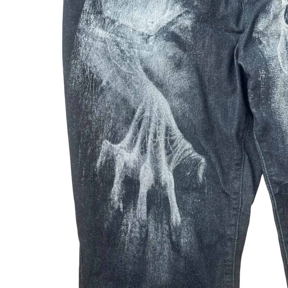 Y2K Skull airbrush Printed Denim Grunge Leg Jeans Punk Trousers 42 Black